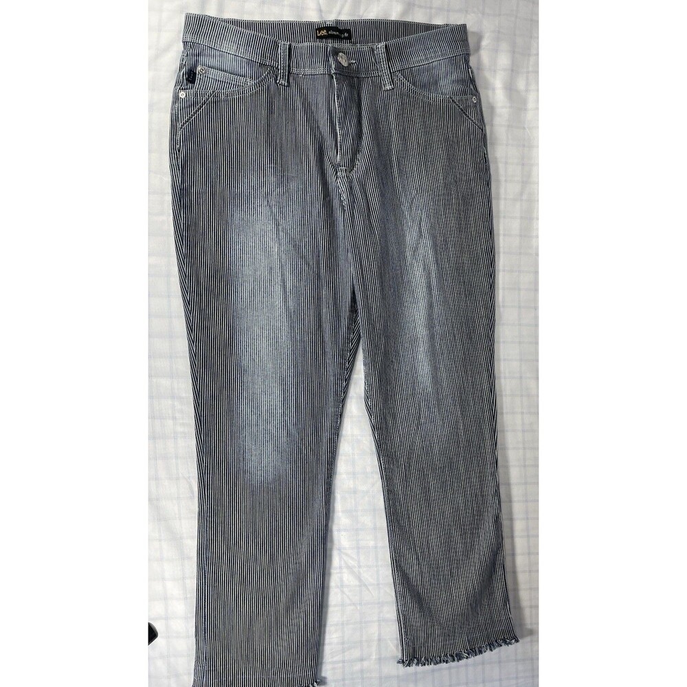 Lee Slimming Fit Womens Jeans Size 12 Medium Hickory Railroad Stripe Raw Hem